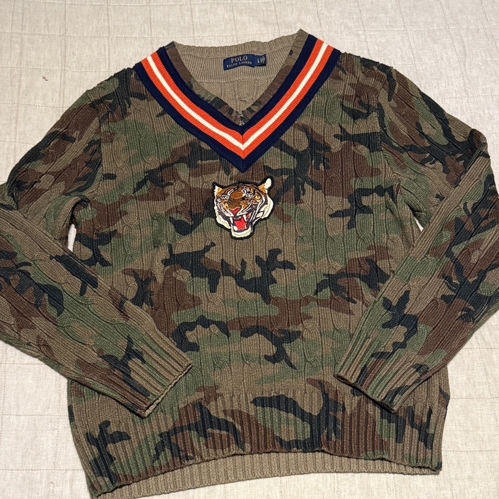 Ralph Lauren Camouflage V-Neck Sweater with Tiger Patch
